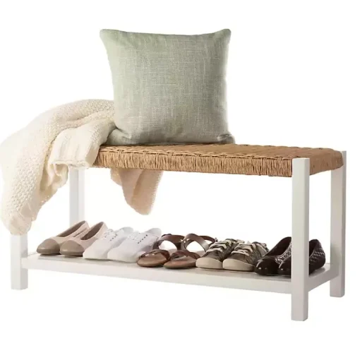 Kirklands Home Benches & Ottomans|White Newport Wood and Rattan Bench with Shelf Brown