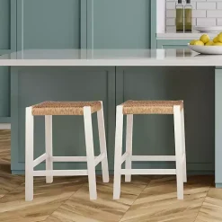 Kirklands Home Bar Stools & Counter Height Stools|White Newport Wood and Rattan Counter Stool Brown