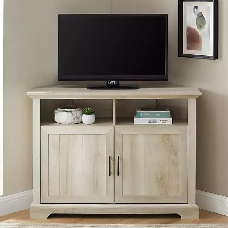 Kirklands Home Tv Stands & Media Consoles|White Oak Grooved Door Corner TV Stand Ivory