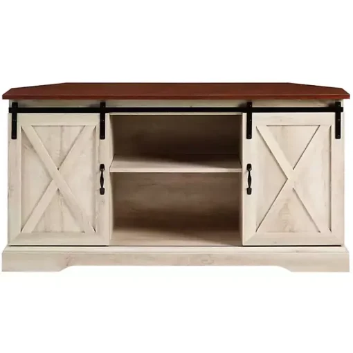 Kirklands Home Tv Stands & Media Consoles|White Oak Sliding Barn Doors Corner TV Stand Ivory