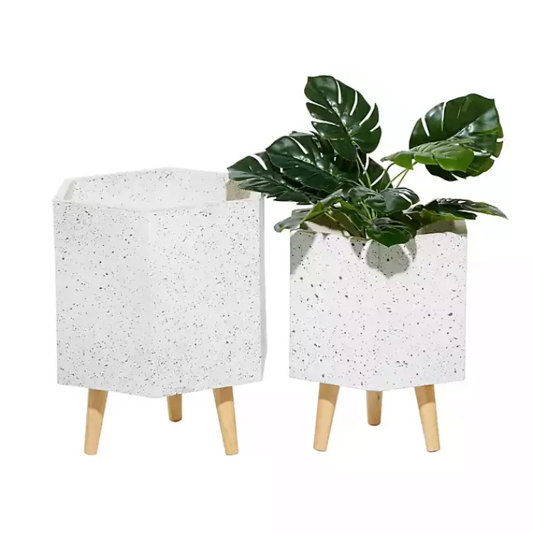 Kirklands Home Planters|Speckled Planters with Wooden Legs, Set of 2 White