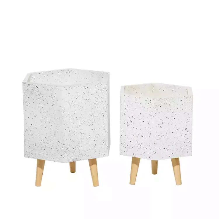 Kirklands Home Planters|Speckled Planters with Wooden Legs, Set of 2 White
