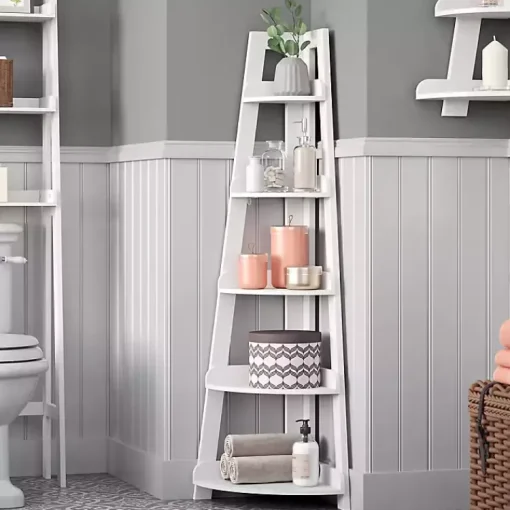 Kirklands Home Bathroom Furniture|White 5-Tier Corner Ladder Shelves