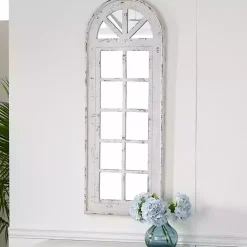 Kirklands Home Decorative Mirrors|White Vintage Arched Windowpane Mirror