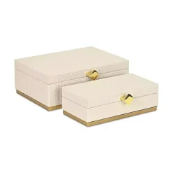 New White Vinyl Rattan Rectangular Boxes, Set of 2 Baskets & Boxes
