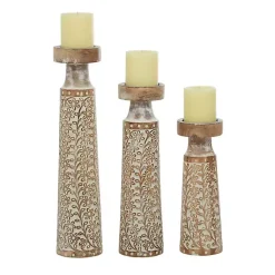 Online White Washed Floral Wood Candle Holders, Set of 3 Candle Holders