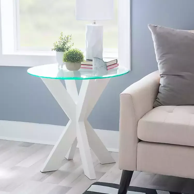 Kirklands Home Accent & End Tables|Wood and Glass Top X-Base Accent Table White