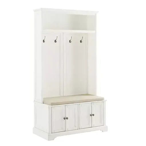 Kirklands Home Entryway Furniture|Wood Hall Tree with Cushioned Bench White