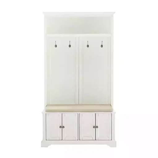 Kirklands Home Entryway Furniture|Wood Hall Tree with Cushioned Bench White