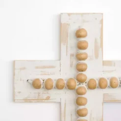 Kirklands Home Wall Plaques|Whitewashed Beaded Wood Cross Wall Plaque