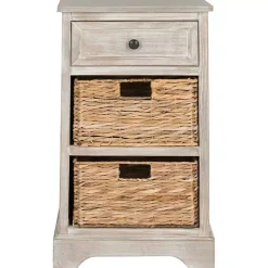 Kirklands Home Accent & End Tables|Whitewashed Brown Wood Side Table with Baskets