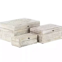 Clearance washed Floral Carved Wood Boxes, Set of 3 Baskets & Boxes