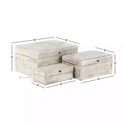 Clearance washed Floral Carved Wood Boxes, Set of 3 Baskets & Boxes