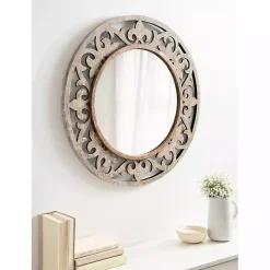 Kirklands Home Decorative Mirrors|washed Wood Round Shavali Mirror White