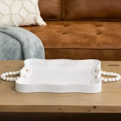 Discount washed Wood Tray with Beaded Handles Decorative Trays