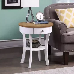 Kirklands Home Accent & End Tables|Wood & White Curved Legs Round Drawer Accent Table Brown