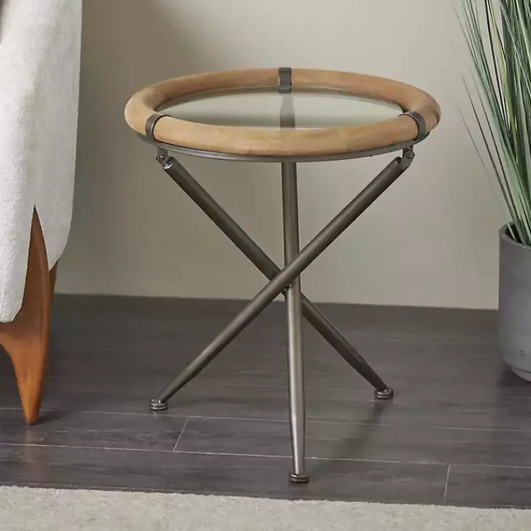 Kirklands Home Accent & End Tables|Wood and Glass Round Tripod Accent Table Brown