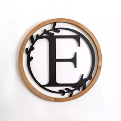Kirklands Home Monogram Wall Decor|Wood and Metal Laurel Monogram E Plaque