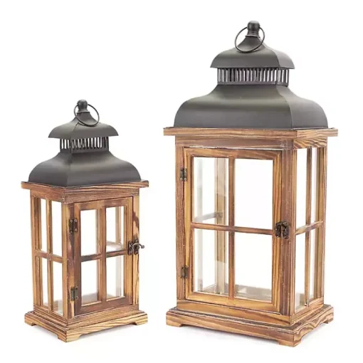 Hot Wood Windowpane Slope Top Lanterns, Set of 2 Lanterns