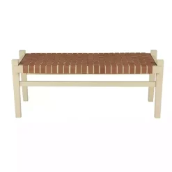 Kirklands Home Benches & Ottomans|Woven Camel Leather Natural Wood Bench Brown