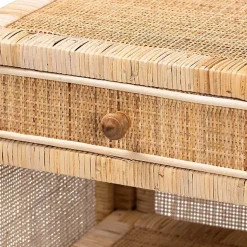 Kirklands Home Nightstands|Woven Rat and Mahogany Wood Nightsd Tan