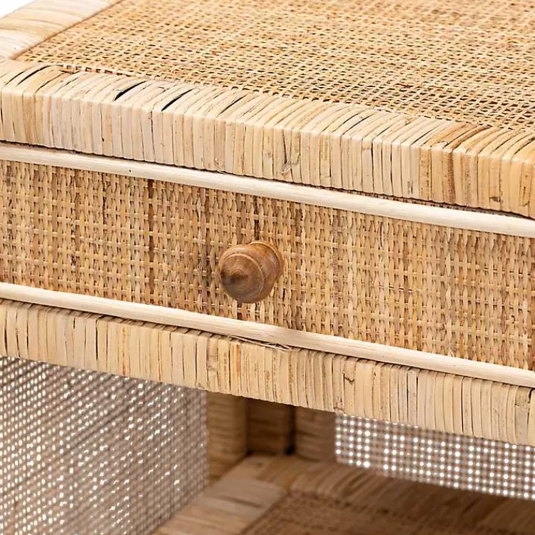 Kirklands Home Nightstands|Woven Rat and Mahogany Wood Nightsd Tan