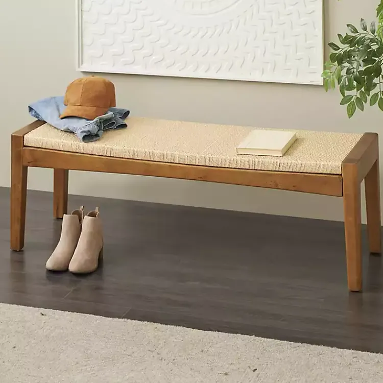 Kirklands Home Benches & Ottomans|Woven Rope and Birch Wood Bench Tan