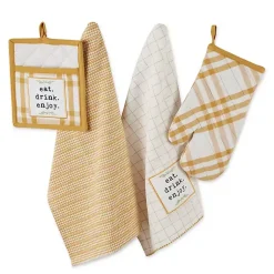 Kirklands Home Kitchen Accessories|Yellow Plaid Eat Drink Enjoy 4-pc. Dish Towel Set