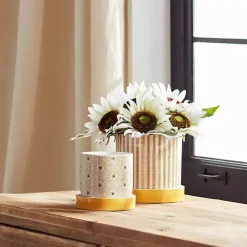 Kirklands Home Planters|Yellow Striped and Bee Decorative Pots, Set of 2