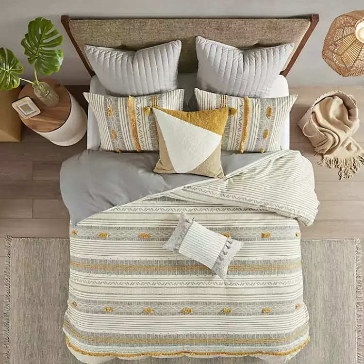 Kirklands Home Duvets|Yellow Striped Pom Pom 3-pc. Full/Queen Duvet Set